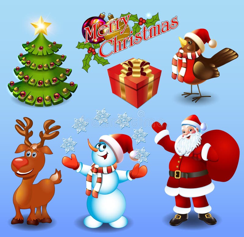Set of design elements Christmas tree, gift, bullfinch bird royalty free illustration Set of design elements Christmas tree, gift, bullfinch bird royalty free illustration