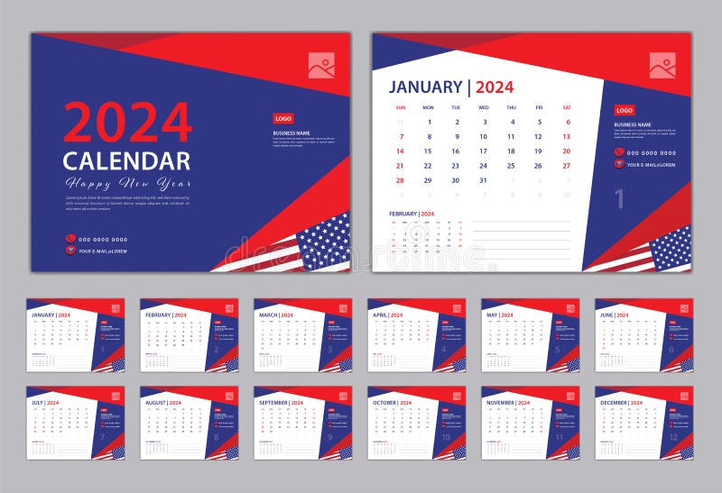 Calendar 2024 Template - 12 Months Yearly Calendar Set in 2024, Planner
