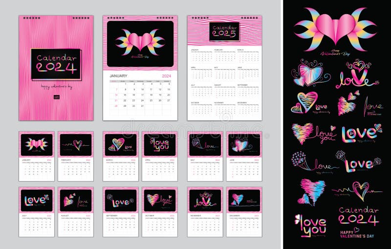 Calendar 2024 Template for Holiday, Happy Valentine`s Day Concept, Desk