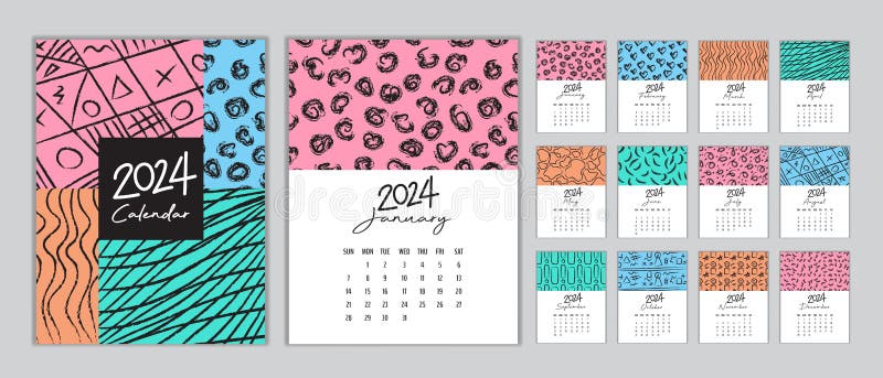 Calendar 2024 Template - 12 Months Yearly Calendar Set in 2024, Planner ...