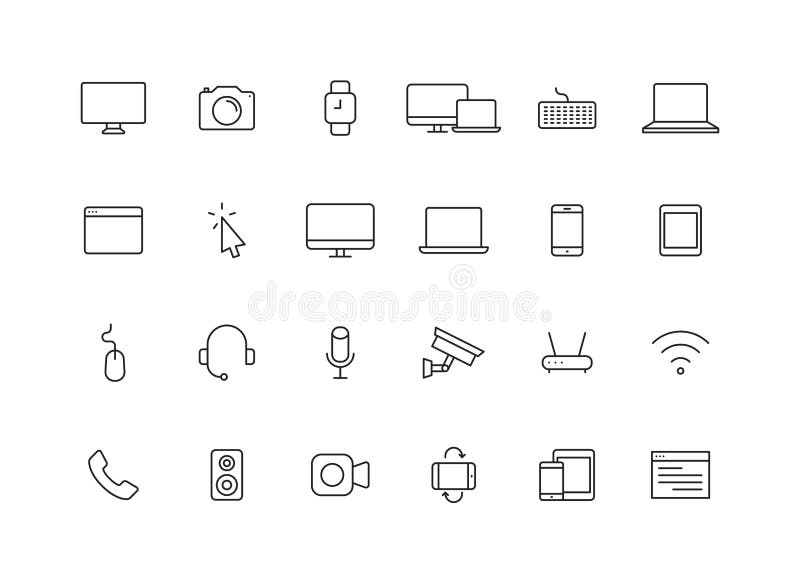 Set of 24 Device and technology web icons in line style. Computer monitor, smartphone, tablet and laptop. Vector illustration royalty free illustration Set of 24 Device and technology web icons in line style. Computer monitor, smartphone, tablet and laptop. Vector illustration royalty free illustration