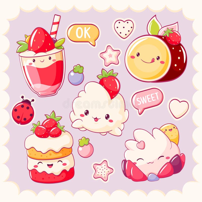 Set di adesivi con dolce in stile kawaii. Cupcake con panna montata e fragole. Inscrizione Carina Amore illustrazione di stock
