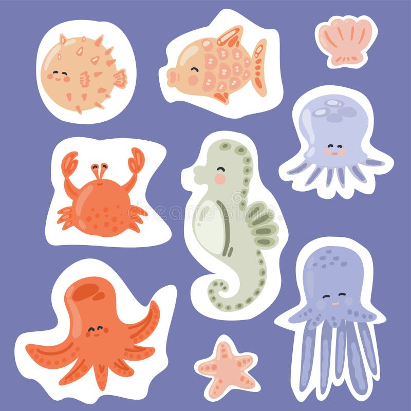 Big set with flat design ocean animals pastel colours. Vector illustration. Big set with flat design ocean animals pastel colours. Vector illustration