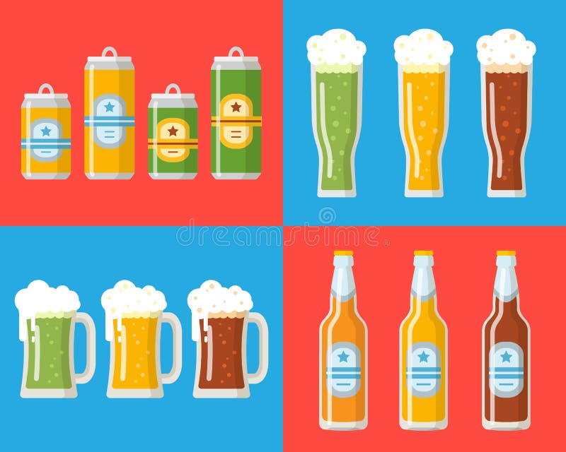 Beer set. A beer bottle, beer can, mug, glass. Colorful vector icon or sign. Symbol or design elements for restaurant, beer pub or cafe. Flat style. Beer set. A beer bottle, beer can, mug, glass. Colorful vector icon or sign. Symbol or design elements for restaurant, beer pub or cafe. Flat style.