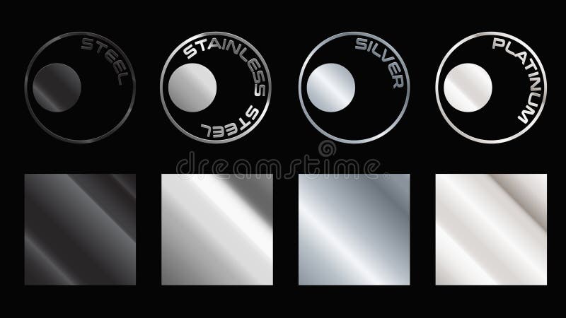 Set di campioni di misure per la gradazione di argento e di platino in acciaio inossidabile. Modello di gradiente luminoso ed eleg illustrazione di stock