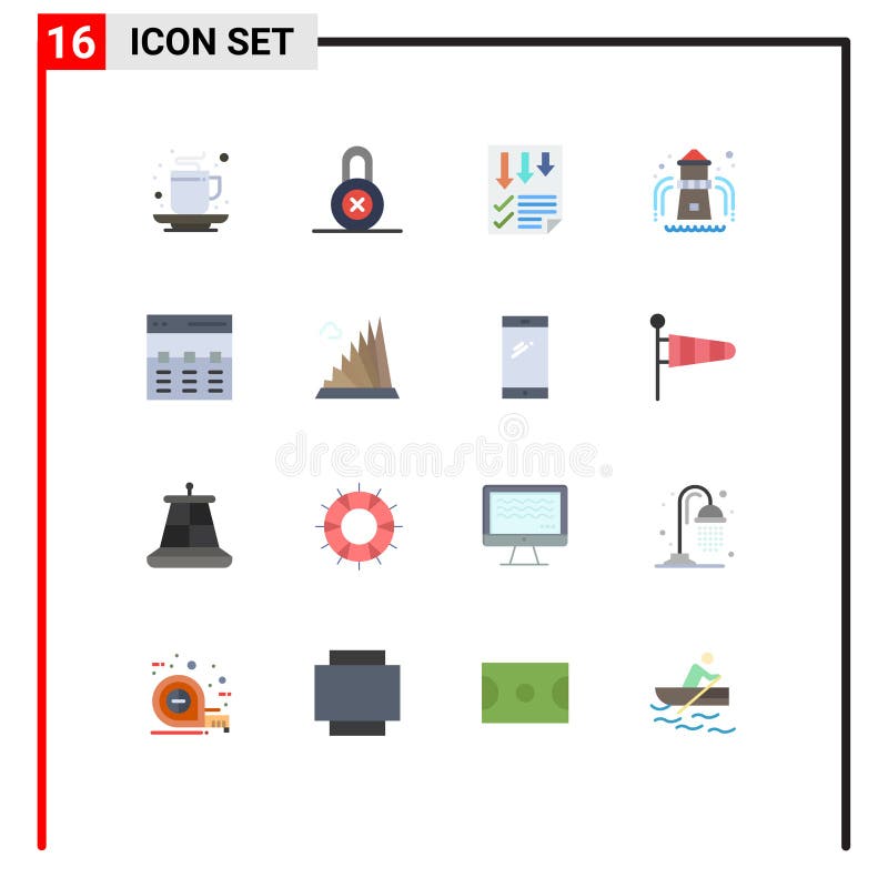 Set di colori flat dell'interfaccia mobile con 16 pittogrammi del report del parco delle frecce dell'intestazione illustrazione di stock