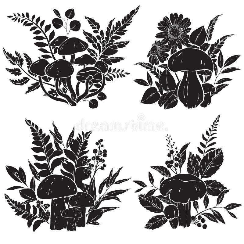 Set di diversi tipi di funghi silhouette fiori e bacche di felpa. illustrazione vettoriale