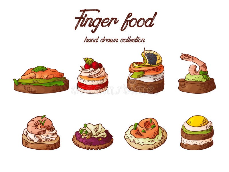 Set di elementi di alimentazione delle dita Applicare stuzzichini e appetiti serviti sui bastoni in stile sketch Modello di servi royalty illustrazione gratis