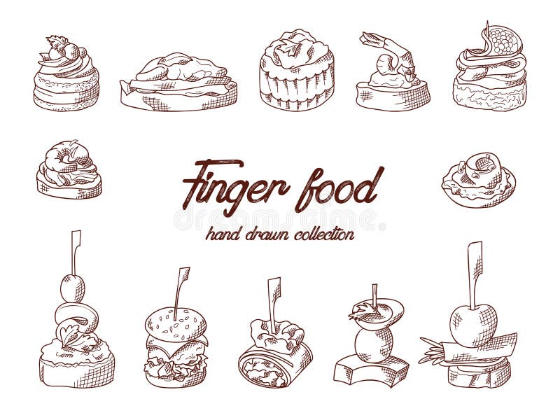 Set di elementi di alimentazione delle dita Applicare stuzzichini e appetiti serviti sui bastoni in stile sketch Modello di servi illustrazione vettoriale
