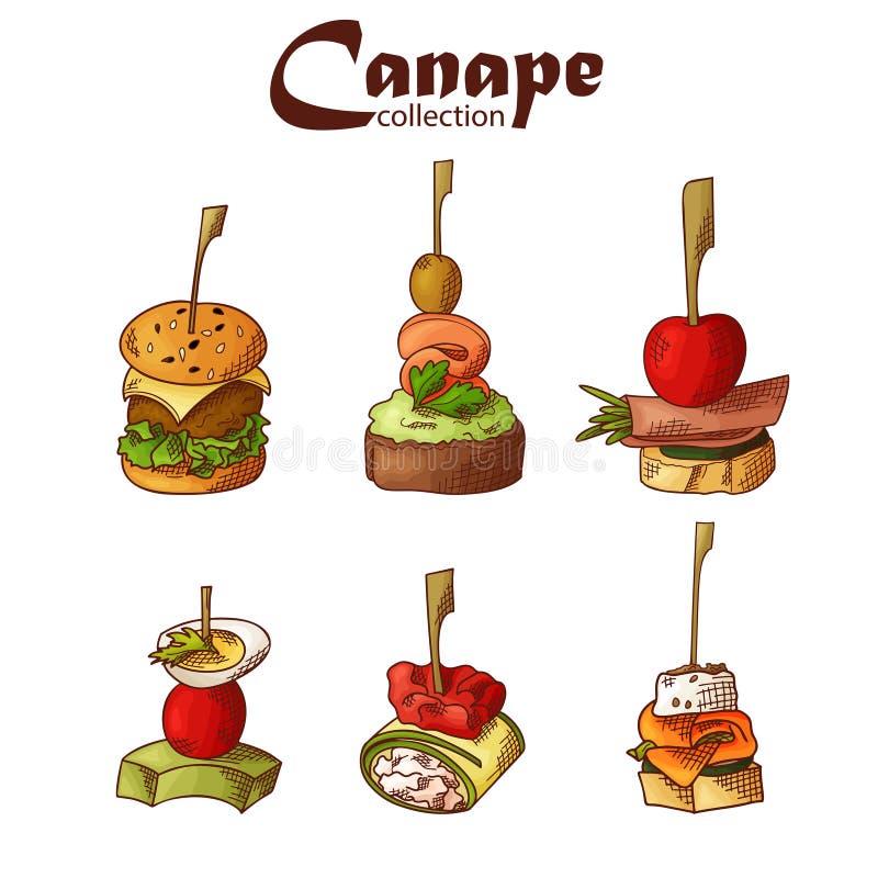 Set di elementi di alimentazione delle dita Applicare stuzzichini e appetiti serviti sui bastoni in stile sketch Modello di servi royalty illustrazione gratis