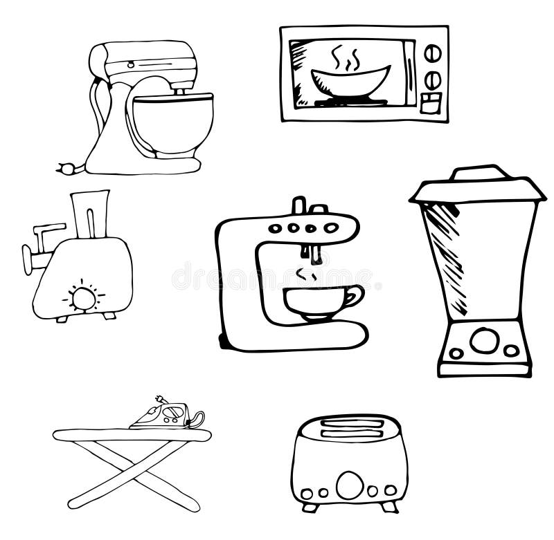 Set of isolated black and white elements, food concept. Mixer, microwave, blender, meat grinder, toaster, coffee maker, ironing board and iron. Set of isolated black and white elements, food concept. Mixer, microwave, blender, meat grinder, toaster, coffee maker, ironing board and iron