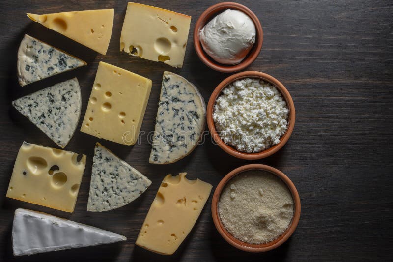 Set di formaggi diversi su tavole di legno chiusura vista sopra spazio. Vari tipi di formaggio immagini stock