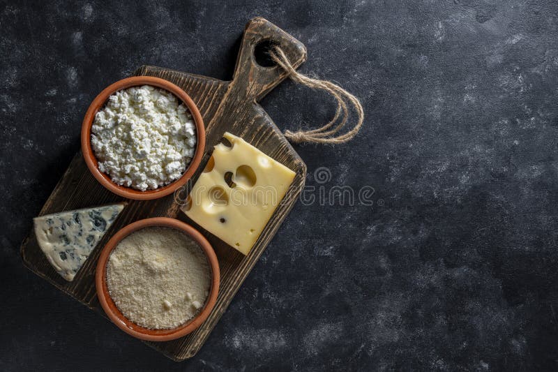Set di formaggi diversi su tavolette di legno su uno spazio di chiusura in alto di fondo nero. Vari tipi di formaggio fotografia stock libera da diritti