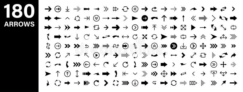 Set di frecce di 180 icone nere Icona Freccia Raccolta vettoriale di Arrow Freccia Cursore Frecce semplici moderne Vettore