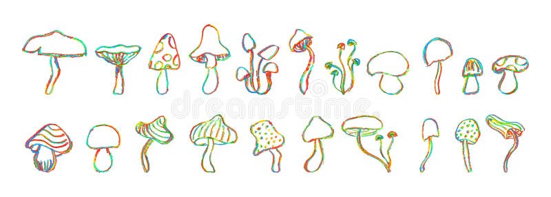 Set di funghi fantasy. elementi floreali divergenti dell'arte. collezione colorata di schizzi di funghi negli anni '60 o '70 su illustrazione di stock