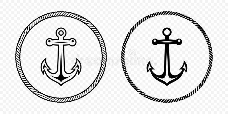 Set di icone di ancoraggio nero e bianco. forme di ancoraggio monocromatica piatta vettoriale in un telaio a fune circolare. simbo royalty illustrazione gratis