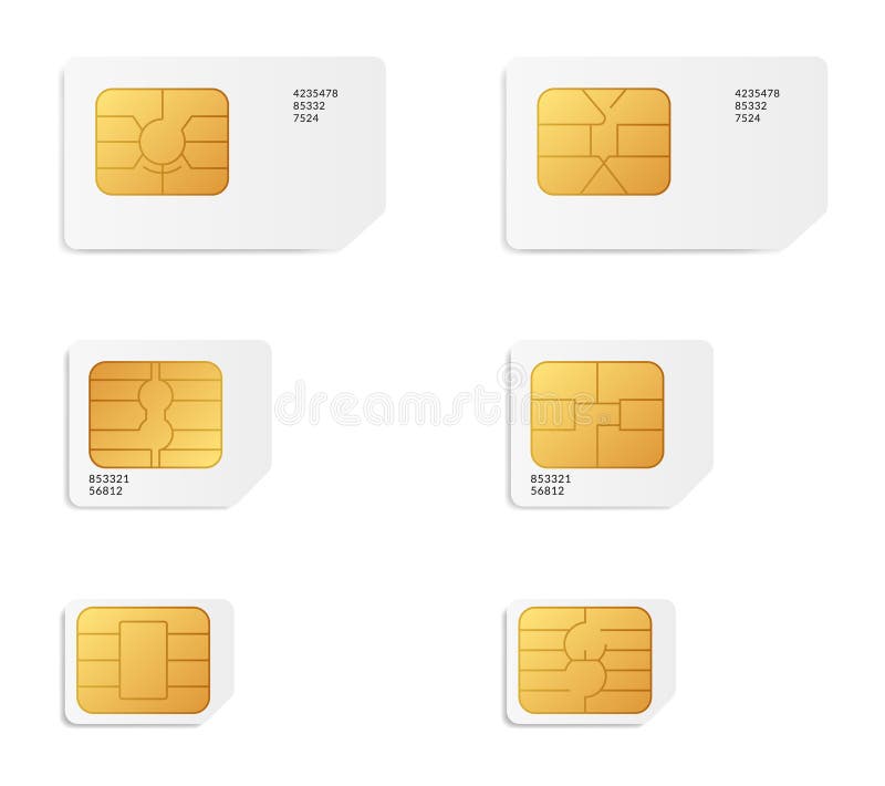 Set di icone dei tipi di schede sim isolati. scheda cellulare mini nano normale. gsm di comunicazione wireless cellulare intellige illustrazione di stock