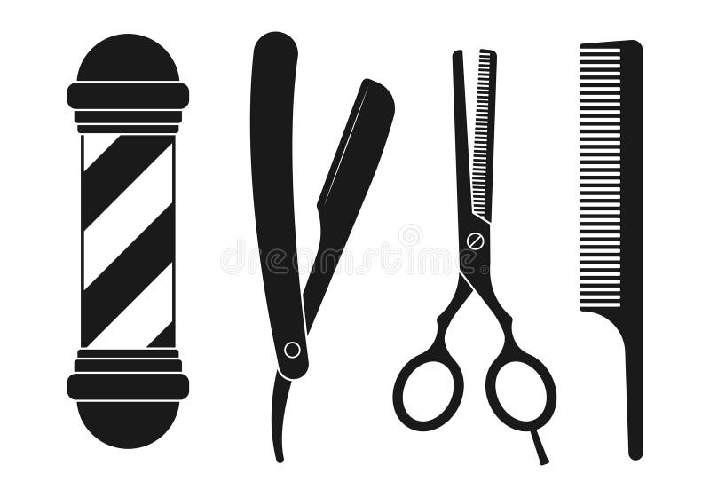Set di icone di accessori parrucchiere e professione barbiere attrezzature