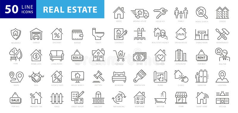 Set di icone del Web sottilineo per il settore immobiliare.
