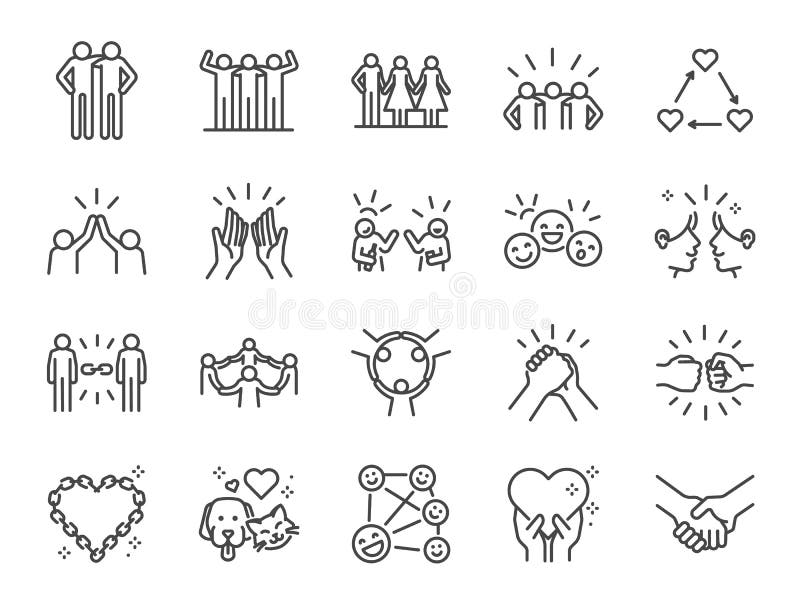 Set di icone della linea di amicizia Icone incluse come amici, relazioni, amici, saluti, amore, cure e altro ancora