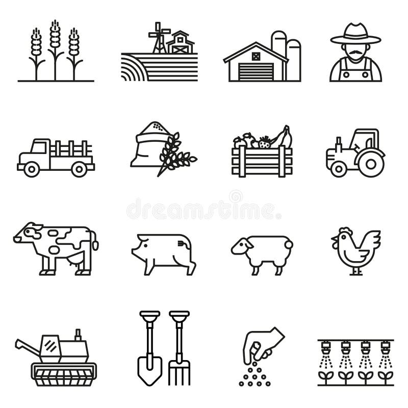 Set di icone della linea Farm and Agriculture Agricoltori, Piantagioni, Giardinaggio, Animali, Oggetti, Autocarri-Raccolta, Tracc