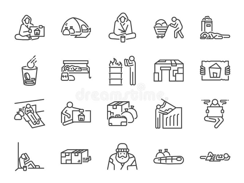 Vector and illustration: Homeless line icon set. Included icons as poor, empty, homelessness, living on the streets, trash, abandon and more. Vector and illustration: Homeless line icon set. Included icons as poor, empty, homelessness, living on the streets, trash, abandon and more.