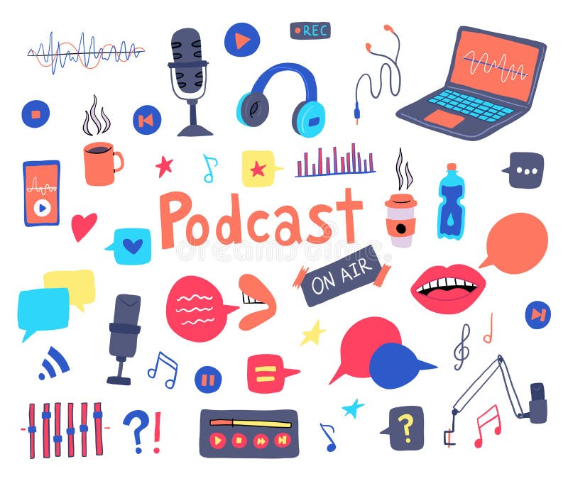 Set di icone di registrazione podcast a colori. vettore illustrazione di stock