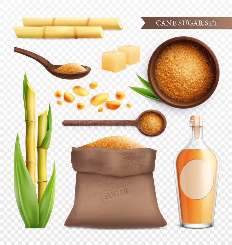 Set di icone trasparenti realistiche dello zucchero di canna