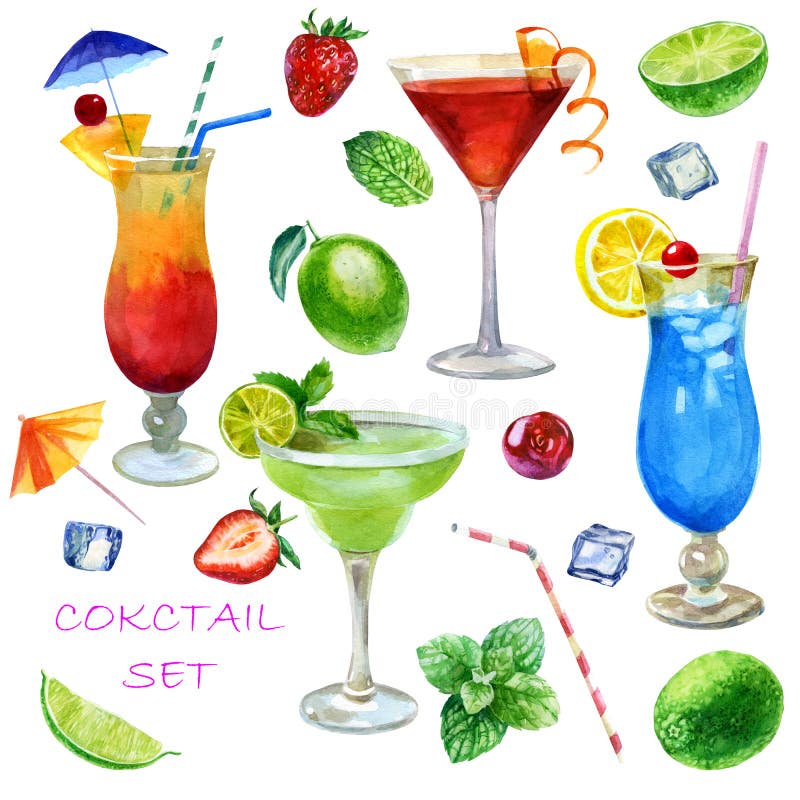 Set di illustrazioni a colori. immagine di occhiali con cocktail sessuali sulla spiaggia margarita cosmopolitan e laguna blu. ment