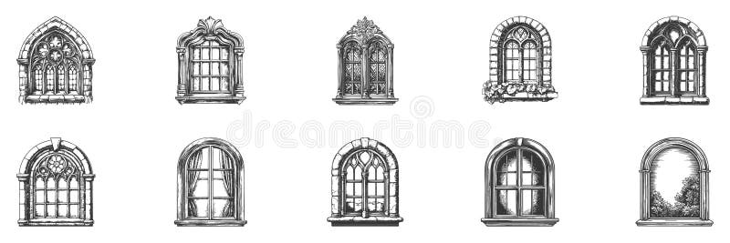 Set di illustrazioni di finestre architettoniche di vintage. Stili Di Finestra Classici E Elementi Di Architettura Storica In illustrazione vettoriale
