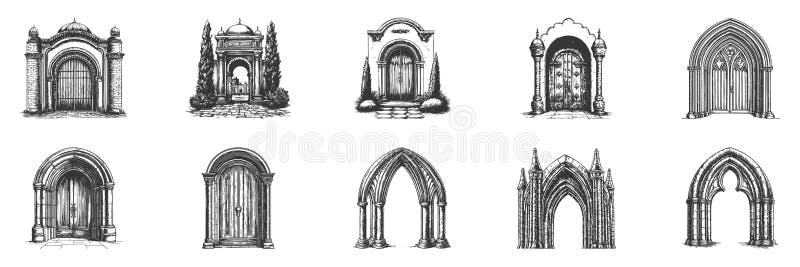 Set Di Illustrazioni Di Porte E Archi Di Architettura Vintage. Significato Storico E Culturale Dello Schema A Mano royalty illustrazione gratis