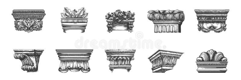 Set di illustrazioni di progetti architettonici Vintage. Classiche Capitali colonne in stile sketch disegnato a mano. Isolato illustrazione vettoriale