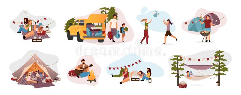 Set di illustrazioni vettoriali per i visitatori del campo estivo. vignettisti isolati per le vacanze. escursionisti in tenda