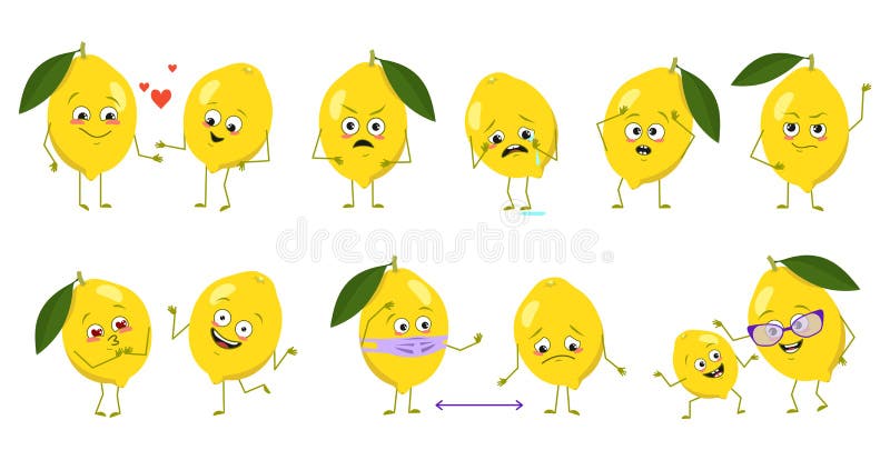 Set di personaggi carini al limone con facce emotive braccia e gambe. eroi felici o tristi gli agrumi si innamorano illustrazione vettoriale
