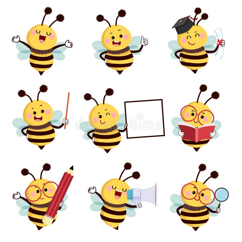 Vector illustration set of happy cartoon bee mascot characters in different poses in education concept. Vector illustration set of happy cartoon bee mascot characters in different poses in education concept