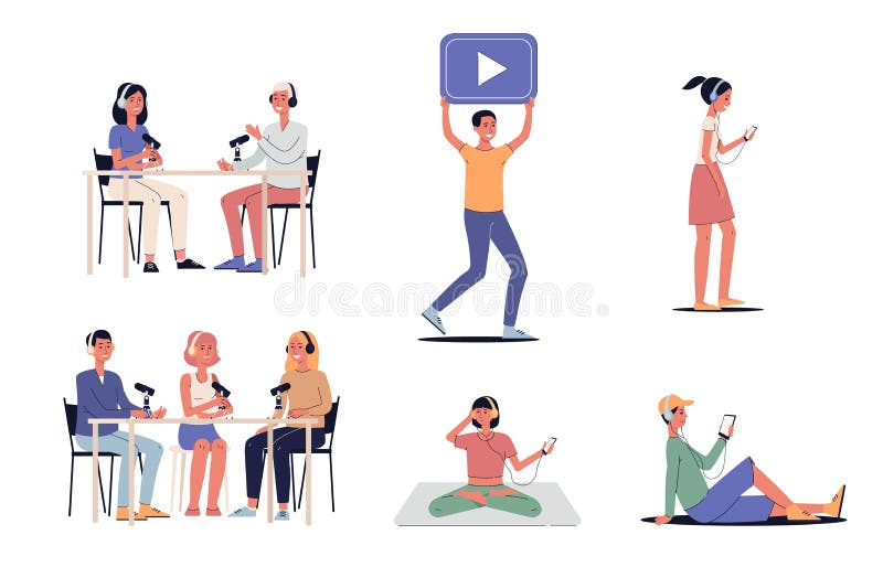 Set di registrazione e di ascolto podcast - persone che realizzano contenuti in streaming radio online illustrazione di stock