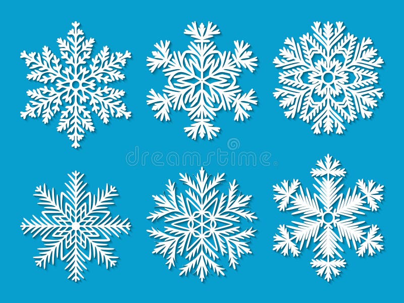 Set di sei fogli bianchi tagliati fuori dai fiocchi di neve vettoriali su fondo blu