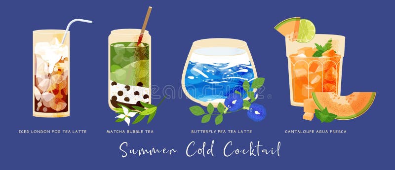 Set di vettori di cocktail estivi. quattro bicchieri freddi con matcha tè farfalla menta cantaloupe soda latte gelato. tutto illustrazione vettoriale