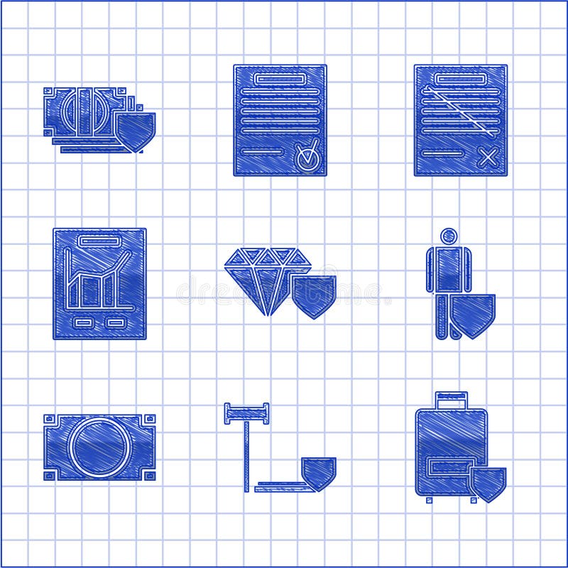 Set Diamond with shield, Judge gavel, Traveling baggage insurance, Life, Stacks paper money cash, Document graph chart vector illustration