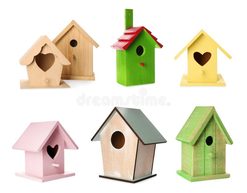 Set with different beautiful bird houses on white background royalty free stock photography