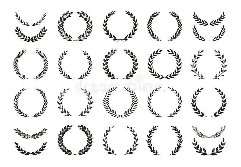 Set of different black and white silhouette round laurel foliate and wheat wreaths depicting an award, achievement, heraldry