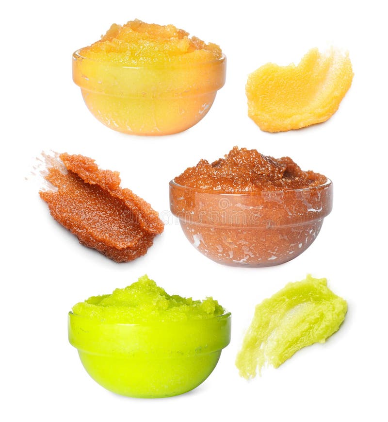Set with Different Body Scrubs on White Background Stock Photo Image