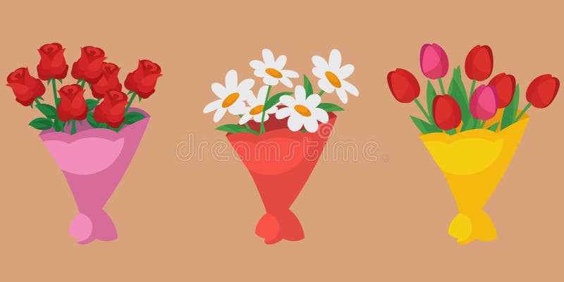 Set of different bouquets. Roses, tulips and daisies in cartoon style