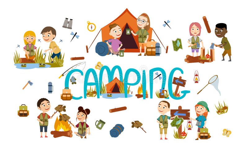 Set different boys and girls tourist on nature. Camping. stock illustration Set different boys and girls tourist on nature. Camping. stock illustration