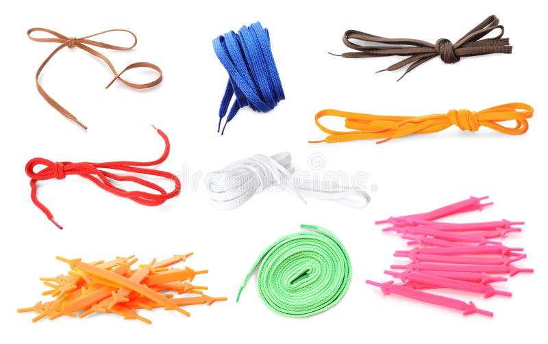 Set with Different Bright Shoe Laces on White Background Stock Image