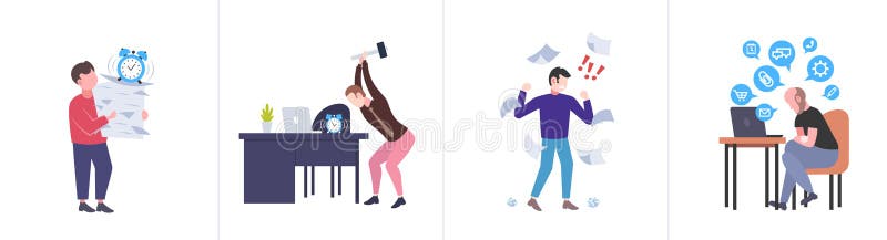 Set different business concepts businesspeople hardworking process concept various working situations horizontal flat stock illustration Set different business concepts businesspeople hardworking process concept various working situations horizontal flat stock illustration