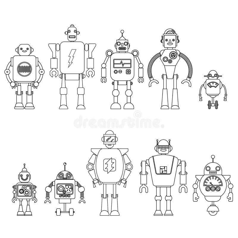 Set Of different cartoon robots characters ,spaceman cyborg icons line style isolated on white background. vector illustration Set Of different cartoon robots characters ,spaceman cyborg icons line style isolated on white background. vector illustration