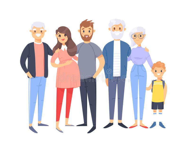 Set of different caucasian couples and families. Cartoon style people of different ages young and elderly, with baby, boy, girl royalty free illustration Set of different caucasian couples and families. Cartoon style people of different ages young and elderly, with baby, boy, girl royalty free illustration