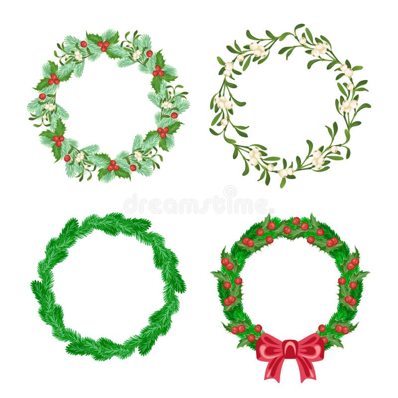 Set of different Christmas wreaths isolated on white. vector illustration