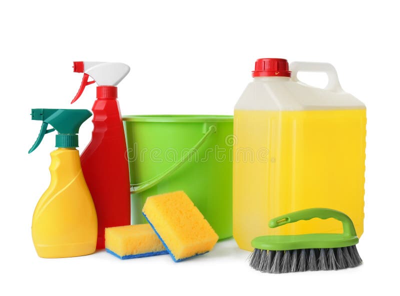 Set of Different Cleaning Supplies on White Background Stock Image
